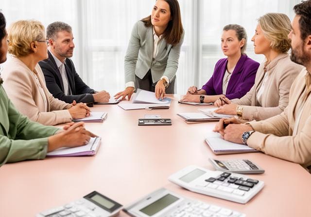 Finanzplanungsschulung mit Trainer und Teilnehmenden an einem hellen Seminartisch