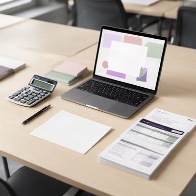 Finanzplanungsunterlagen, Taschenrechner und Laptop auf einem Seminartisch